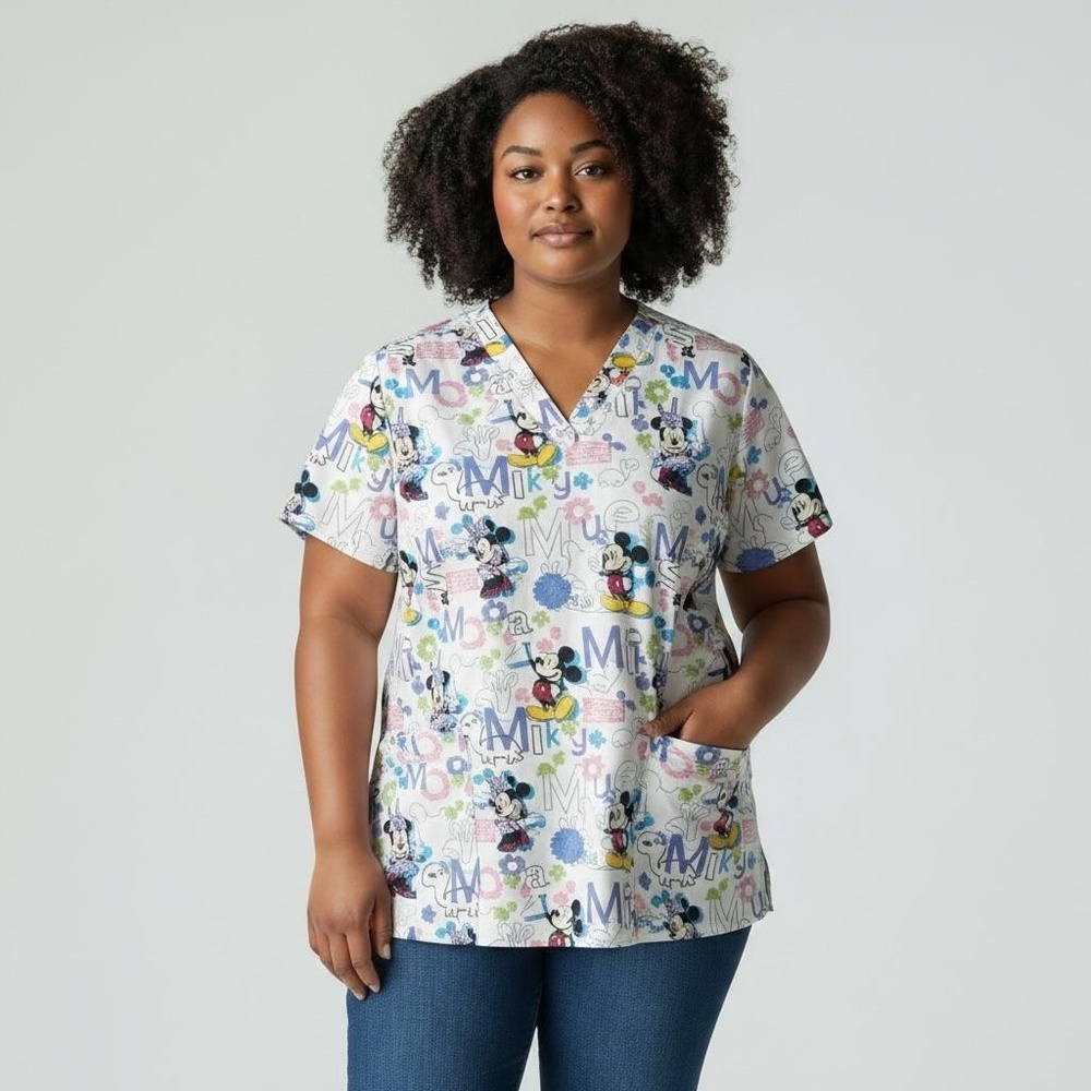 Disney Scrub Top Womens 2X Multicolor Mickey Minnie Print V Neck Nurse Pockets
